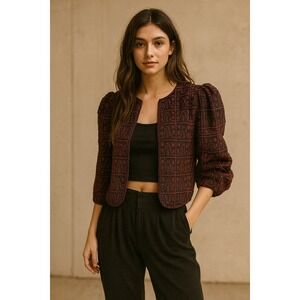 Vintage‎ Silk Cropped Bolero Jacket Large Puff Sleeve Bead Embroidery Boho Artsy